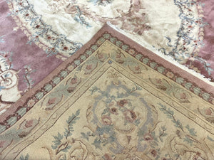 Indo Chinese Aubusson Wool Rug 10x14, Pink and Cream, Handmade Vintage Wool Carpet, Elegant European Design
