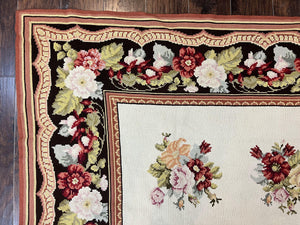 Portuguese Needlepoint Rug 8x9, Vintage Rug 8 x 9 ft, Ivory Dark Brown Hand-Woven Wool Portuguese Carpet, European Rug