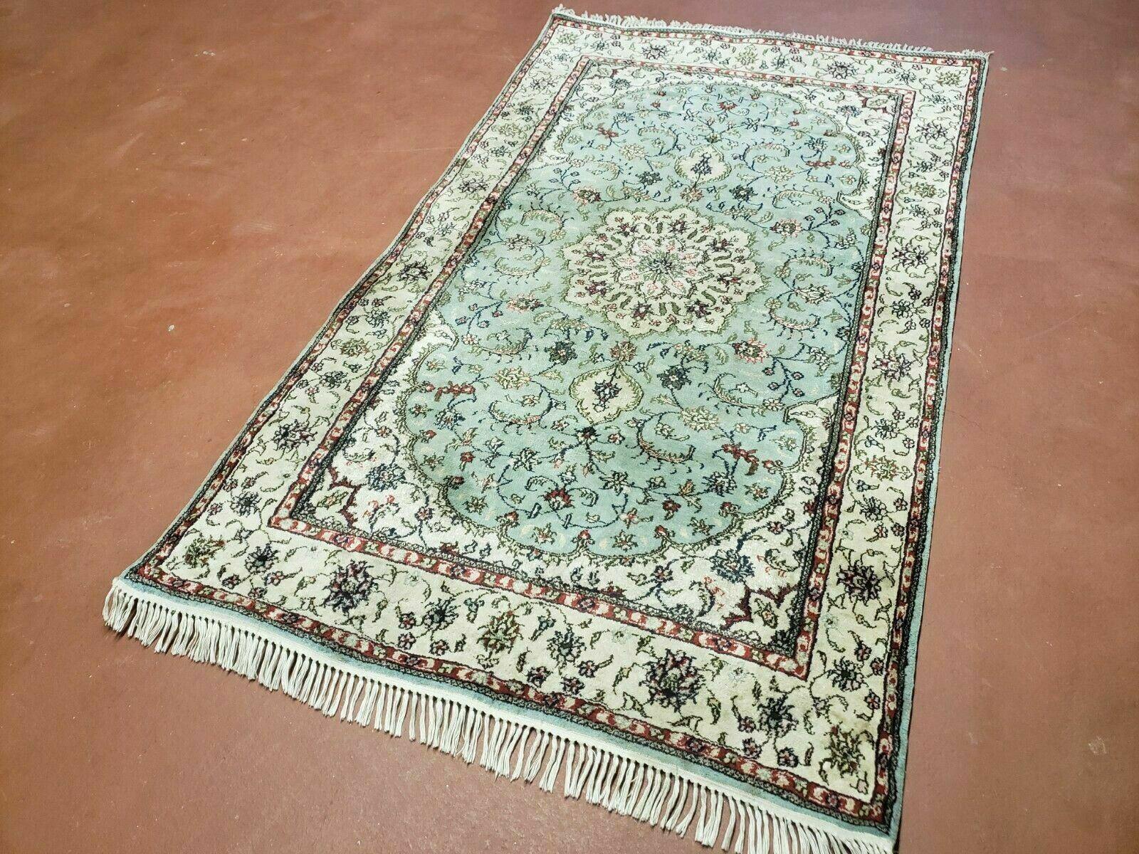 Silk Turkish Kayseri Rug 3x5, Light Mint Green and Ivory, Vintage Fine Silk Hand Knotted Oriental Carpet 3 x 5 ft, Floral Medallion, Nice