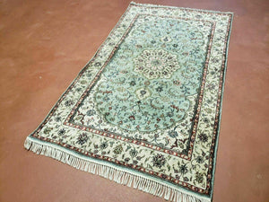 Silk Turkish Kayseri Rug 3x5, Light Mint Green and Ivory, Vintage Fine Silk Hand Knotted Oriental Carpet 3 x 5 ft, Floral Medallion, Nice