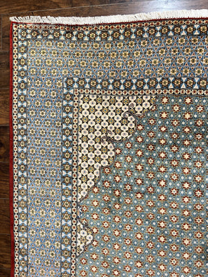 Rare Persian Rug 8x12, Qum Rug, Repeated Star Motifs, Blue and Ivory, Fine 300 KPSI, Hand Knotted Handmade Vintage Wool Rug