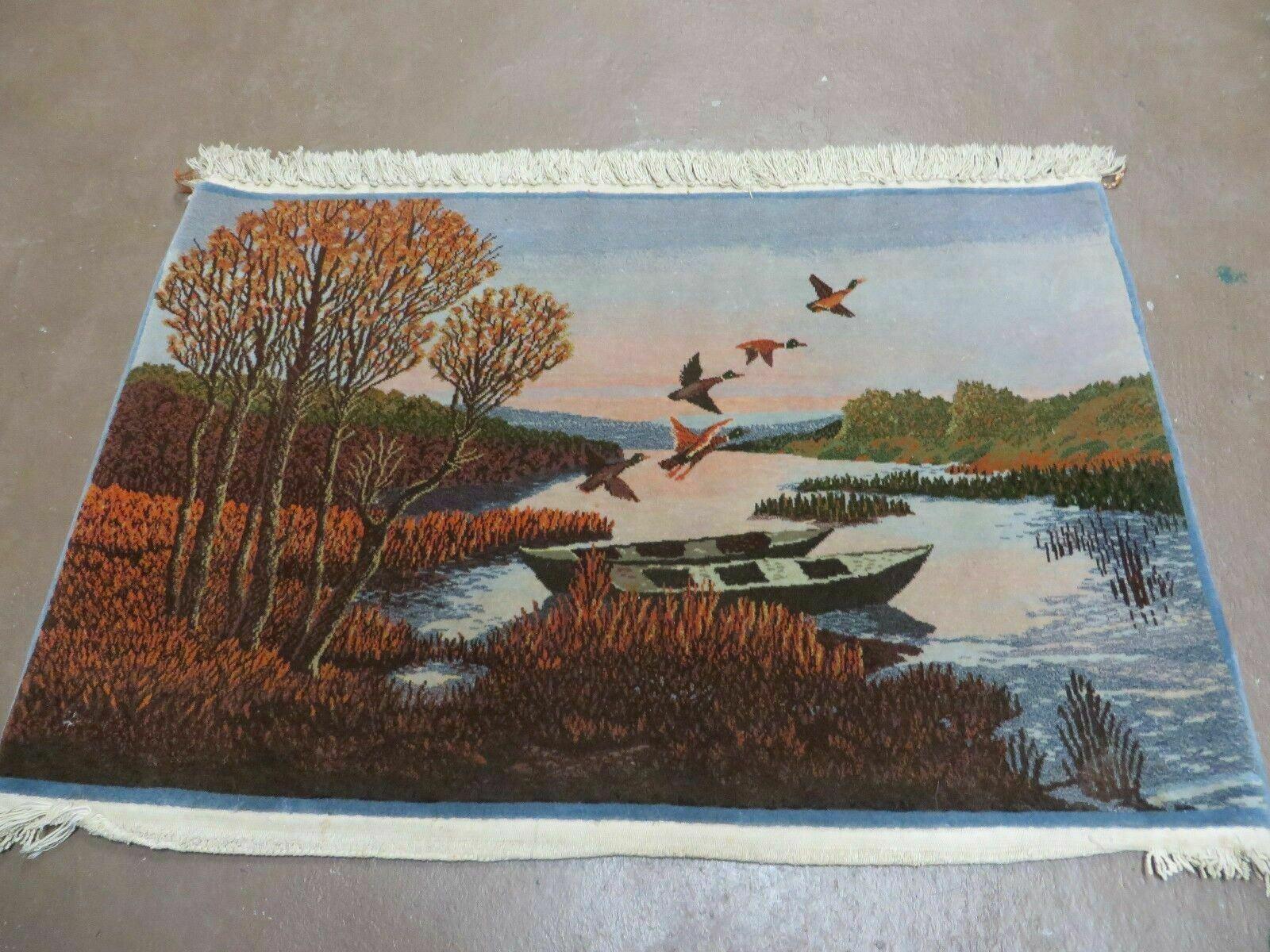 2' X 3' Vintage Handmade Pakistan Pictorial Rug Carpet Scenery Bird Tree Wow