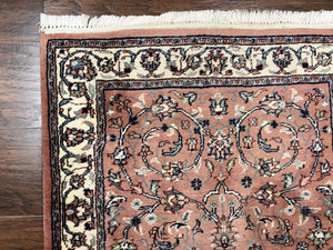 Indo Persian Runner Rug 2.6 x 10, Wool Hand Knotted Vintage Oriental Carpet, Pink & Ivory, Floral Allover, Hallway Rug