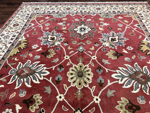 Indo Persian Rug 9x12, Wool Hand Knotted Vintage Carpet, Red & Ivory, Floral Allover, 9 x 12 Room Sized Rug