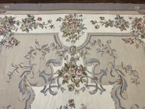 Aubusson Needlepoint Rug 9x12, VIntage Handmade Wool Beige Floral European Elegant Rug 9 x 12, Floral Roses