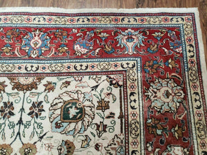 Antique Persian Tabriz Rug 9x12, Hand Knotted Oriental Carpet 9 x 12 ft, Vintage Wool Room Sized Rug, Cream and Red, Floral Allover Handmade Rug