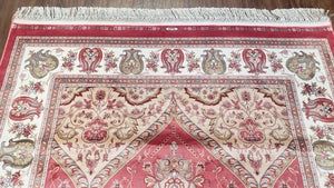 4 x 6 Silk Carpet Red, Traditional Oriental Rug 4x6, Flower Vase Columns, Turkish Rug New, High Quality, Bamboo Silk, Area Rug