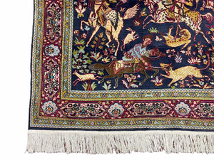 Indian Kashmiri Wool & Silk Rug 4x6 ft, Hunting Scene, Midnight Blue, Hand-Knotted, Archers, Swords, Horses, Vintage Antique Oriental Carpet