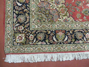 Persian Tabriz Rug 7x10, Floral Medallion Finely Hand Knotted Vintage Authentic Oriental Carpet 7 x 10, Salmon Color, 400 KPSI Elegant, Wool & Silk
