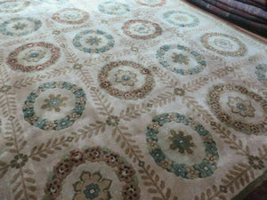 9' X 12' Modern Handmade Indo Lahore Wool Rug Art Deco Olive Ivory Nice Wow