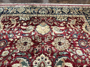 Indo Persian Rug 10x14, Indian Agra Carpet, Vintage Handmade Wool Large Traditional Rug, Dark Red Navy Blue Beige