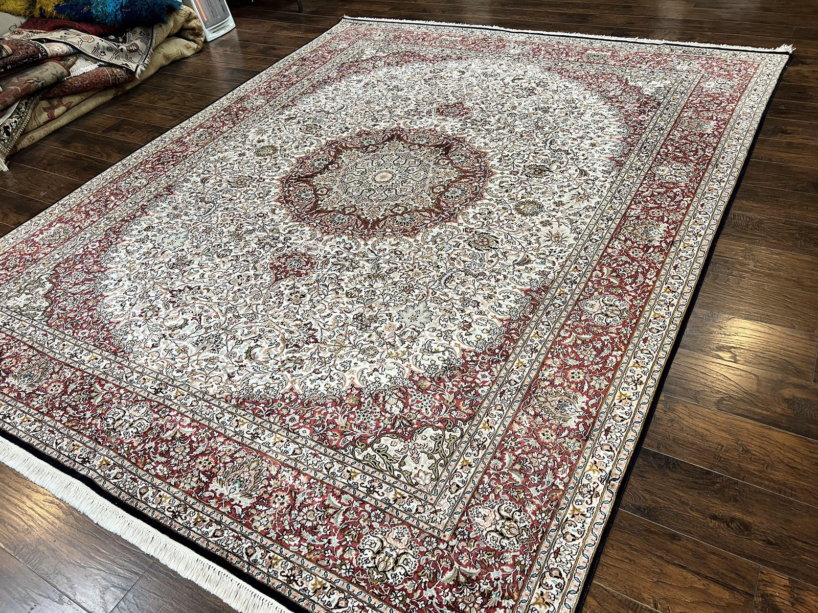 Silk Indian Kashmiri Rug 9 x 11 ft, Room Sized Silk Vintage Indo Persian Handmade Hand Knotted Fine Oriental Carpet, Ivory and Maroon