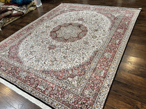 Silk Indian Kashmiri Rug 9 x 11 ft, Room Sized Silk Vintage Indo Persian Handmade Hand Knotted Fine Oriental Carpet, Ivory and Maroon