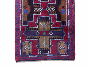2' 10" X 4' 9" Vintage Handmade Tribal Wool Rug Balouchi Rug Afghan Rug Red Blue