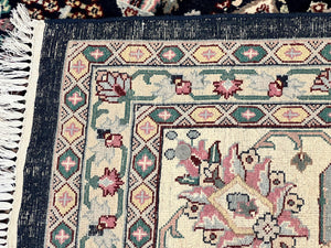 Indo Persian Rug 10x14, Large Wool Hand Knotted Vintage Carpet, Navy Blue & Ivory, 10 x 14 Room Sized Traditional Oriental Rug