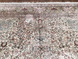 Vintage Indian Room Sized Silk Rug 8x10, Indo Kashmiri Carpet, Hand-Knotted Persian Oriental Carpet, Floral Medallion Allover Pattern, Ivory