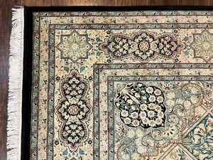 Pak Persian Kirman Rug 9x12, Panel Design Oriental Carpet 9 x 12 ft, Wool Hand Knotted Handmade Traditional Room Sized Vintage Rug, Green