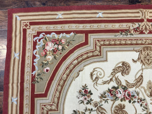 Aubusson Needlepoint Rug 9x11, Handmade Vintage Wool Flatweave Carpet, Elegant European Rug, Floral, Cream