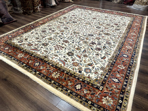Indo Persian Rug 9x12, Ivory and Red, Traditional Wool Oriental Carpet