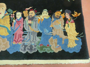 Chinese Wool Pictorial Rug 3x6 Counsel of Wise Elders Philosophers, Vintage Hand Knotted Black Chinese Carpet, Swan, Clouds Confucius, Rare