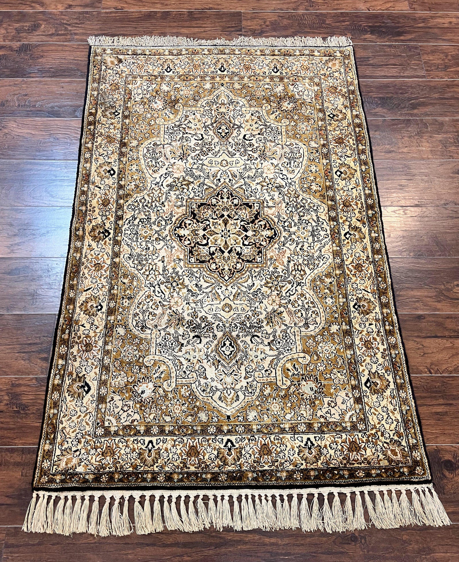 Persian Qum Silk Rug 3.5 x 5.5, Floral Medallion, Very Fine 350 KPSI, Handmade Silk on Silk Rug, Vintage