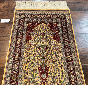 Wonderful Silk Turkish Hereke Prayer Rug 2.8 x 4.5, Tree of Life Design, Signature from Master Weaver, Gold and Burgundy, Handmade, 625 KPSI