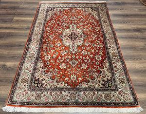 Persian Qum Silk Rug 5x7 - Floral Medallion, Birds, Orange-Red