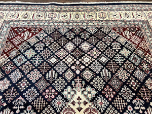 Indo Persian Rug 10x14, Large Wool Hand Knotted Vintage Carpet, Navy Blue & Ivory, 10 x 14 Room Sized Traditional Oriental Rug