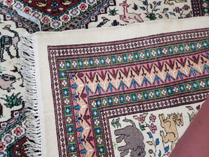 Vintage Indo Persian Area Rug 4.7 x 7.6, Wool Hand-Knotted Ivory Carpet, Animal Pictorials, Elephants Horses Lions, Indian Carpet, Unique