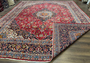Large Persian Kashan Rug 11x14, Traditional Persian Carpet, Wool, Fine 250 KPSI, Red Navy Blue