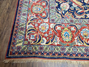 Square Turkish Mahal Rug 8 x 8.5, Colorful Square Carpet, Large 8ft Square Rug, Blue Red Yellow, Handmade Wool, Vintage, Large Flowers, Nice