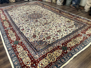 Persian Mashad Rug 10x16, Palace Size Handmade Wool Carpet, Cream Red, Floral Medallion, Vintage