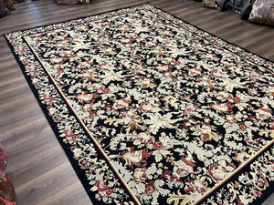 Wool Needlepoint Rug 9x12, William Morris Vintage Chinese Needlepoint Carpet 9 x 12, Handwoven, Allover Floral Area Rug, Black Light Green