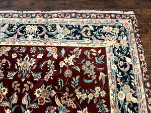 Indo Persian Rug 8x10, Floral Allover with Bird Pictorials, Maroon and Navy Blue, Handmade Wool Area Rug