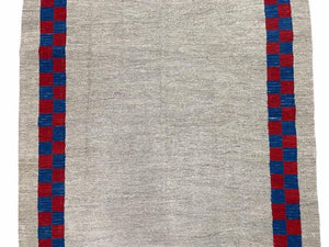 5' 7" x 7' 9" Geometric Kilim Carpet, Gray, Handmade, Hand-Knotted Area Rug, Blue & Red, Flatweave, Wool, New, Checkerboard Pattern