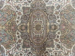 Sino Persian Rug 9x12, Wool on Silk Foundation Hand Knotted Ivory Vintage Carpet, Birds Design, Very Fine Room Sized Floral Oriental Rug