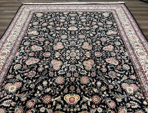Pak Persian Rug 9x12, Floral Allover, Hand Knotted Oriental Carpet 9 x 12 ft, Black and Cream, Detailed, Wool with Silk Highlights, Vintage