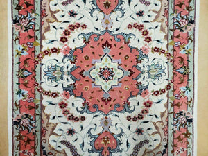 Small Vintage Persian Tabriz Wool and Silk Rug 2.5 x 4 ft, Very Finely Hand Knotted, Medallion, Ivory Salmon Light Blue, Top Quality, Pair A