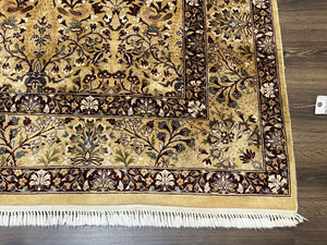 Pretty Indo Persian Rug 6x9, Allover Floral Motif with Birds, Tan/Cream, Very Fine Oriental Carpet, Hand Knotted Vintage Indian Wool Rug