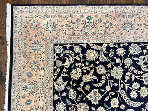 Pak Persian Rug 8x11, Fine Floral Allover Oriental Carpet 8 x 11 ft, Dark Blue and Pink, Room Sized Wool Vintage Rug, Hand Knotted Rug