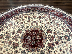 Round Sino Persian Rug 8x8, Wool and Silk, Floral Medallion, Ivory Dark Red