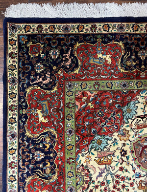 Wonderful Sino Persian Rug 6x10 with Animal Pictorial Motifs, Cream Dark Red Navy Blue, Birds Gazelles, Two Medallions, Top Quality Handmade