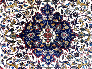 Wonderful Persian Isfahan Rug 7x9, Ivory Navy Blue Red, Floral Medallion, Very Finely Hand Knotted 260 KPSI, Handmade Wool Vintage Rug