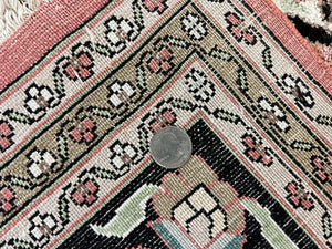 Indian Kashmiri Silk Rug 9x12, Vintage Rug 9 x 12 ft, Salmon Ivory Black Hand-Knotted Silk on Cotton Oriental Floral Carpet, Traditional Rug