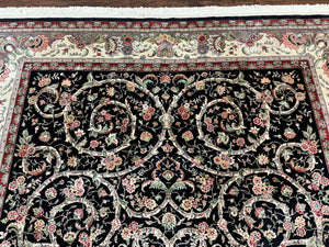 Black Pak Persian Rug 8x11, Floral Pattern, Hand Knotted Vintage Wool Rug with Silk Highlights, Fine 200 KPSI
