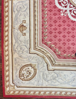 Aubusson Rug 9x12 ft, Red and Ivory Elegant Aubusson Carpet, Flatweave, Vintage Wool Handmade Area Rug 9 x 12, French European Design