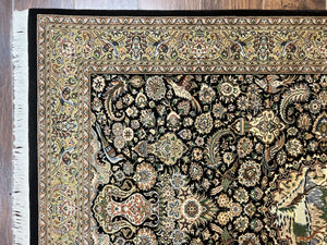 Pak Persian Rug 4x6, Wool Hand Knotted Vintage Carpet, Black & Olive Green, Bird Pictorials, Floral Fine Oriental Rug