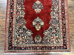 Persian Sarouk Runner Rug 2.7 x 6, Semi Open Field, Red, Handmade Hand Knotted, Wool Oriental Carpet, Vintage Semi Antique