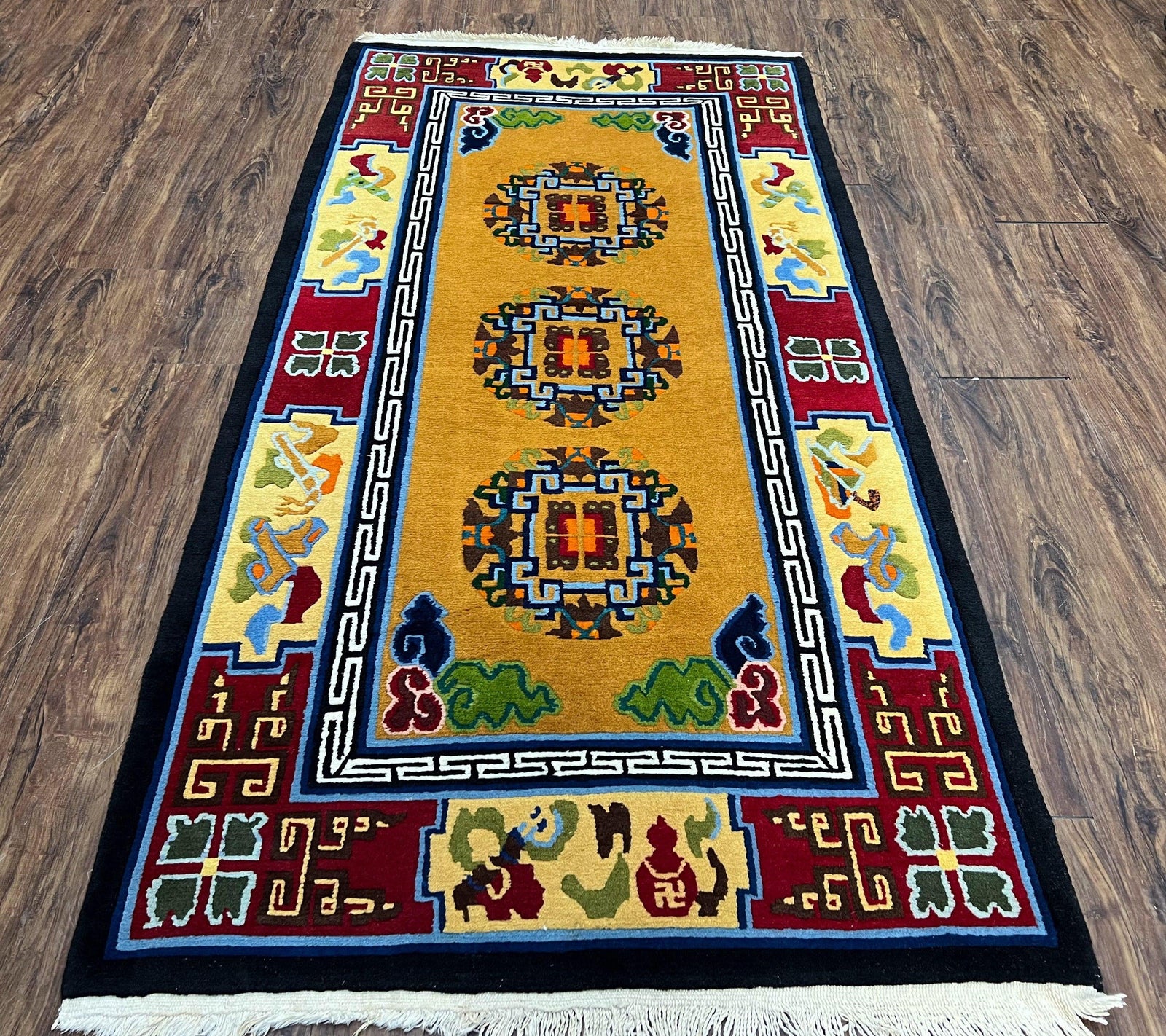 Vintage Chinese Art Deco Rug 3x6, Orange Dark Blue Maroon Chinese Peking Carpet, Asian Oriental Wool Rug, Bold Colors, Bedroom Rug, Hallway
