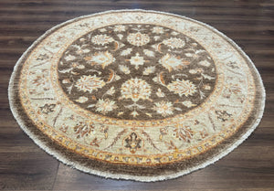 Round Pakistani Rug 6x6, Brown and Beige, Floral, Peshawar Rug, Traditional
